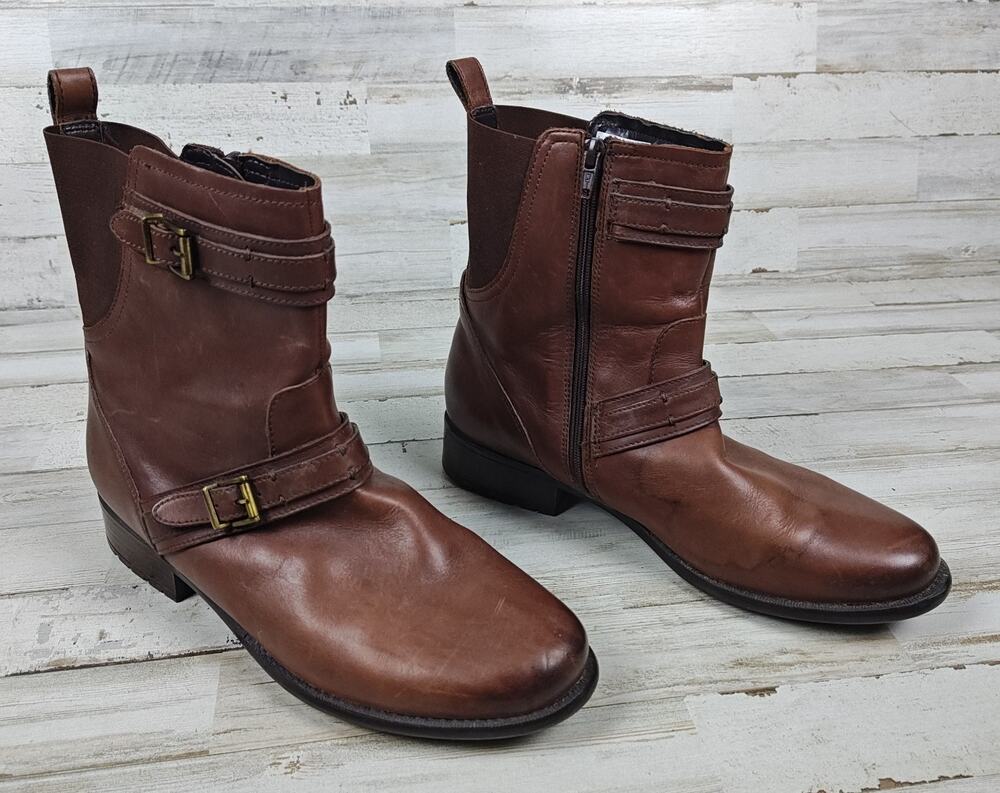CLARKS Women's 10M Plaza City Boots Brown Leather Harness Moto Biker Engineer